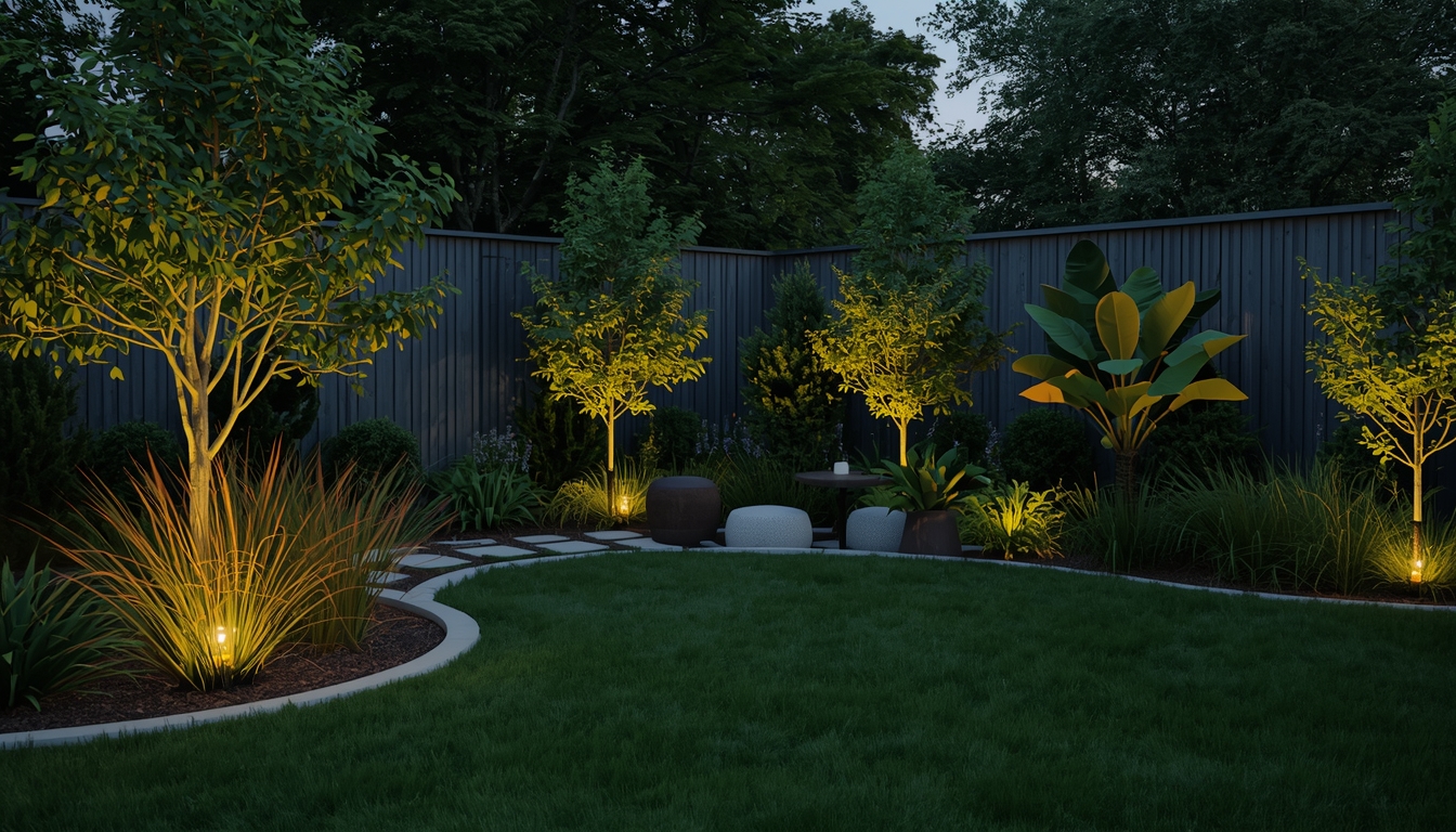 Outdoor garden with lighting and plants at Zyrallexchrel